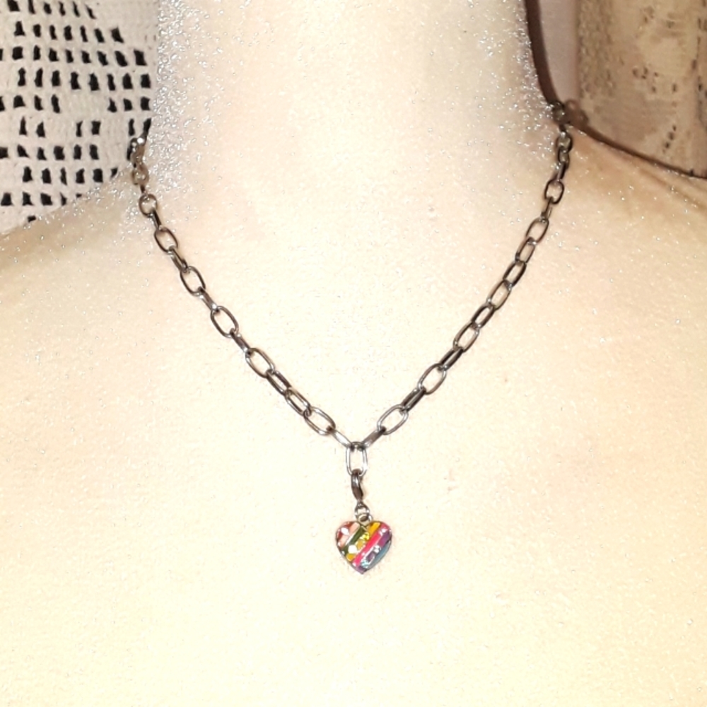 TCP silvertone chain style necklace w rainbow/ multi color heart pendant charm